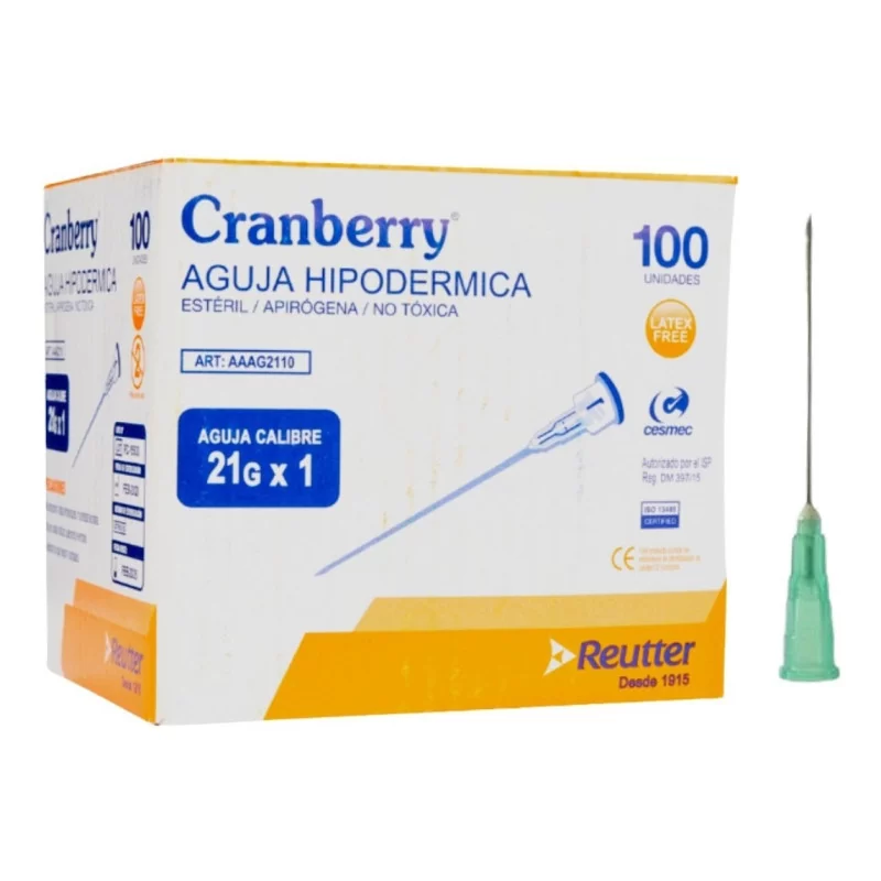 Aguja hipodérmica 21g x 1 caja x 100 unidades Cranberry