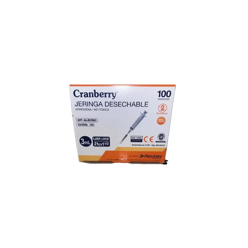 Caja de jeringas de 3 cc Luer Lock c/a 21g x 1 1/2 x 100 unidades Cranberry
