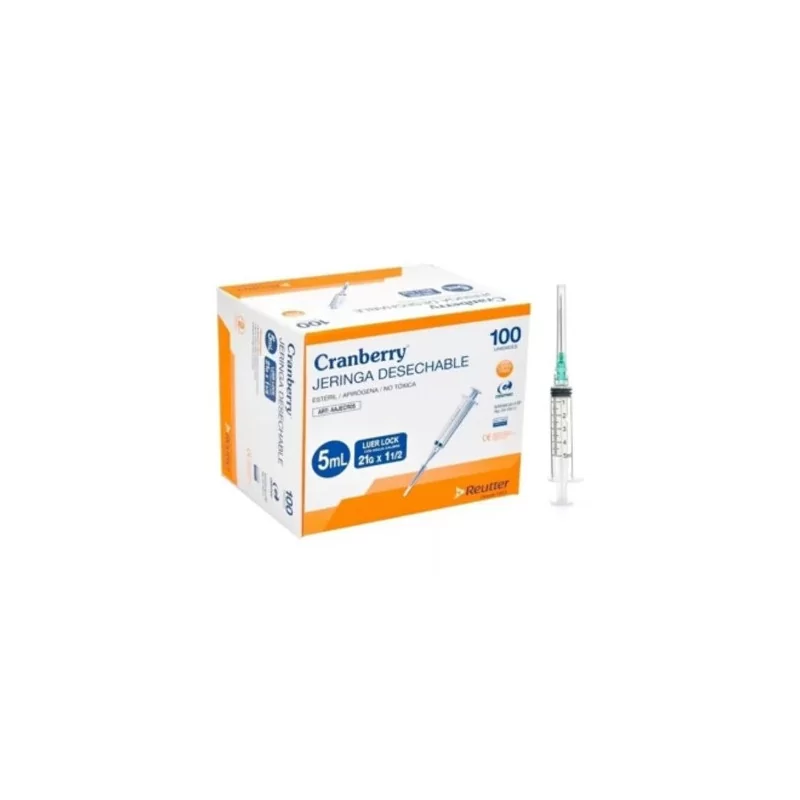 Caja de jeringas de 5 cc Luer Lock c/a 21g x 1 1/2 x 100 unidades Cranberry