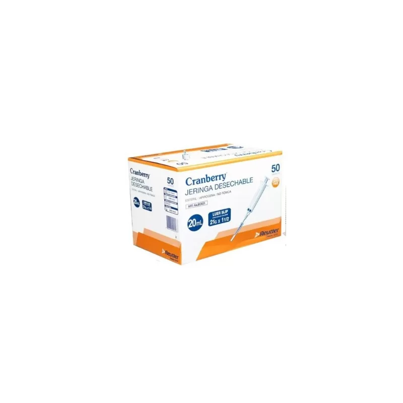 Caja de jeringas de 20 cc Luer Slip c/a 21g x 1 1/2 x 50 unidades Cranberry
