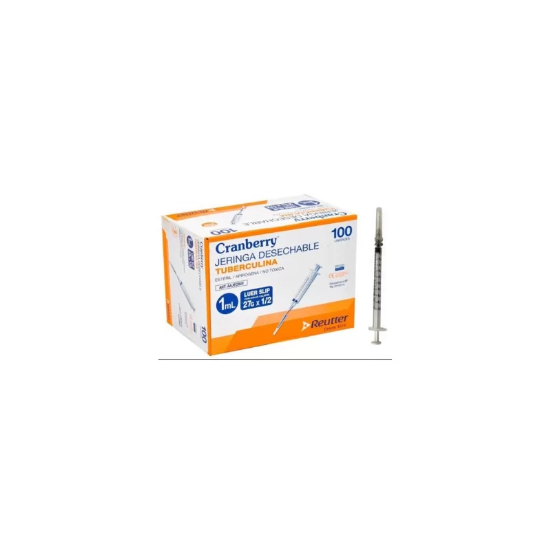 Caja de jeringas de 1 cc tuberculina Luer Slip c/a 27g x 1/2 x 100 unidades Cranberry